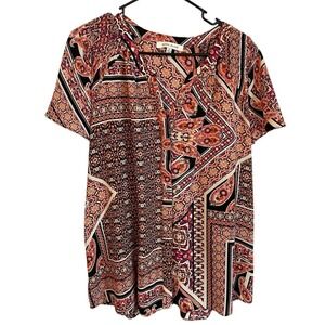 Rose & Olive Size 1X Short Sleeve Multicolor Paisley Blouse Career Work